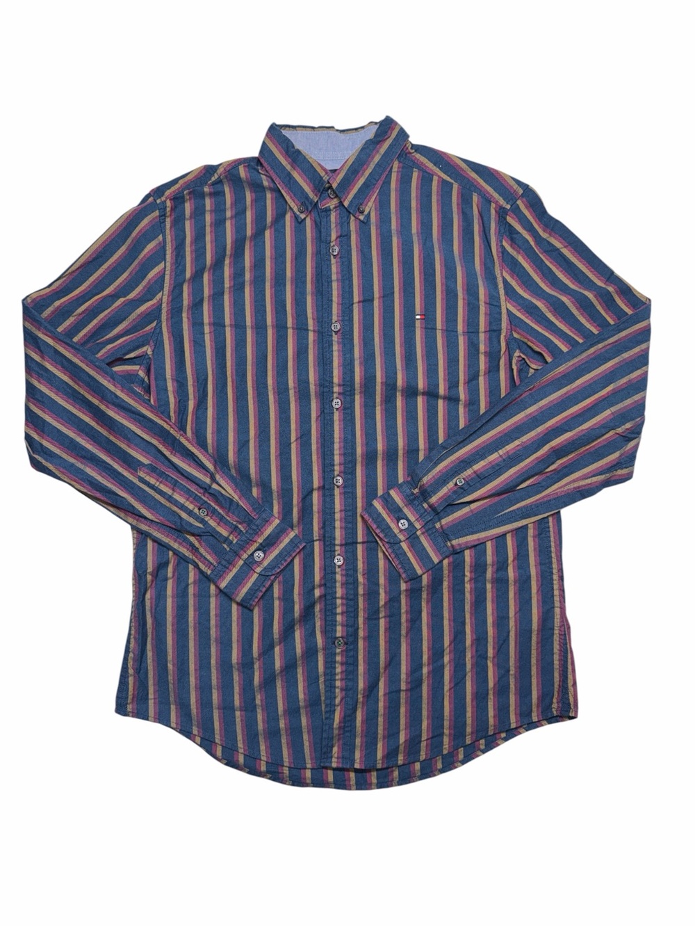 Tommy Hilfiger Oxford Button Down L/S Shirt Men's Med Navy with Gold/Red Stripes